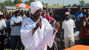 Migori governor aspirant Anne Omodho Anyanga addressing a crowd at Sibuoche in Uriri constituency.